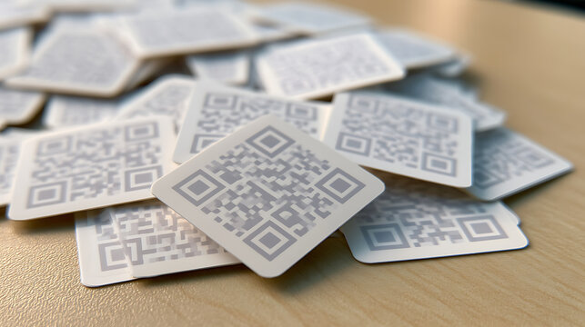 A pile of square sticker labels with quick response code pattern scattered across a wooden table surface in office environment for business