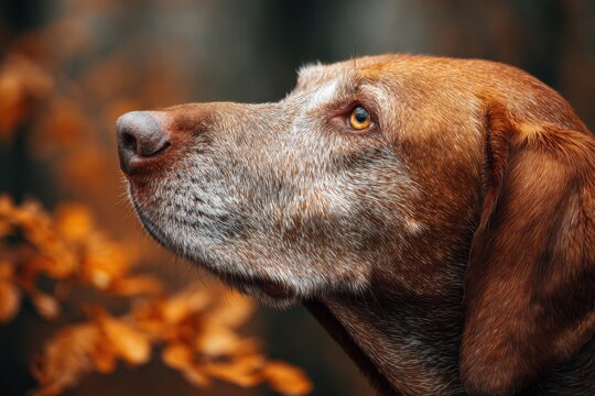 Hunting dog and its handler pause in the woods