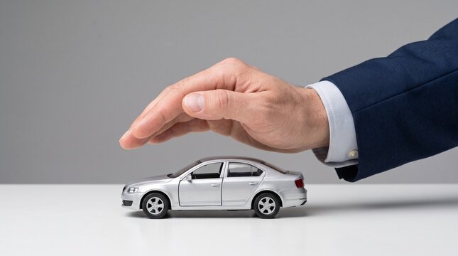 Car insurance coverage concept with businessman hand protecting small silver toy vehicle for safety security and financial assurance on white studio background