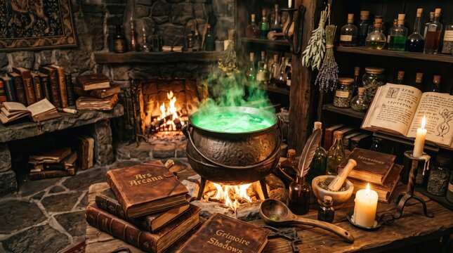Magical Alchemist Laboratory with Glowing Green Cauldron, Ancient Grimoires, and Potion Bottles in a Mysterious Stone Chamber