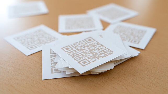 A stack of printed paper cards with quick response codes scattered across a wooden table surface in an office environment with soft focus