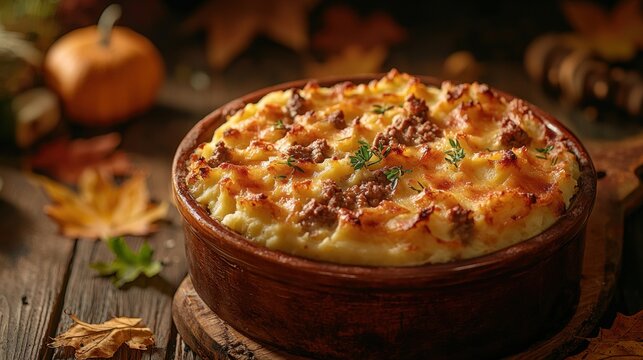 Meat and vegetable dish topped with mashed potatoes and baked