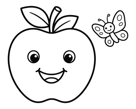 A cute cartoon apple character with a happy face and a friendly butterfly for children to color
