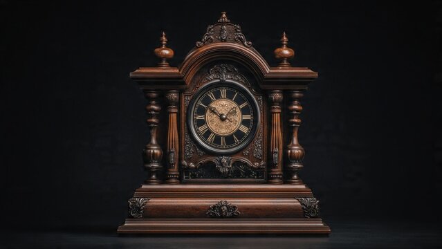 Classic vintage mantle clock with wooden frame and roman numerals on black background ornamental numerals timepiece heirloom traditional mechanical