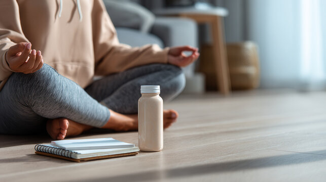 Meditation and wellness routine with supplement bottle