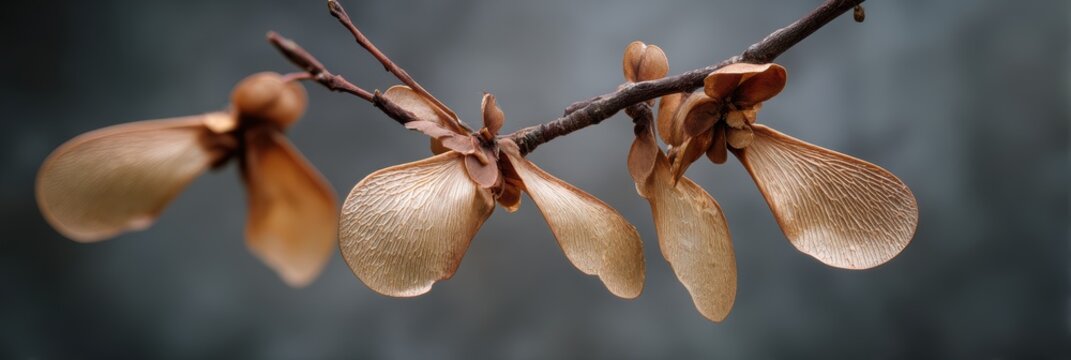 Maple tree seed pods and leaves on a white background