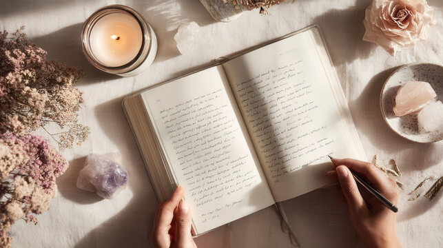 Woman writing in journal with candle and healing crystals