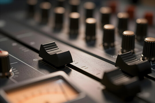 Extreme close-up of rubberized audio mixer fader caps and metal slide rails.