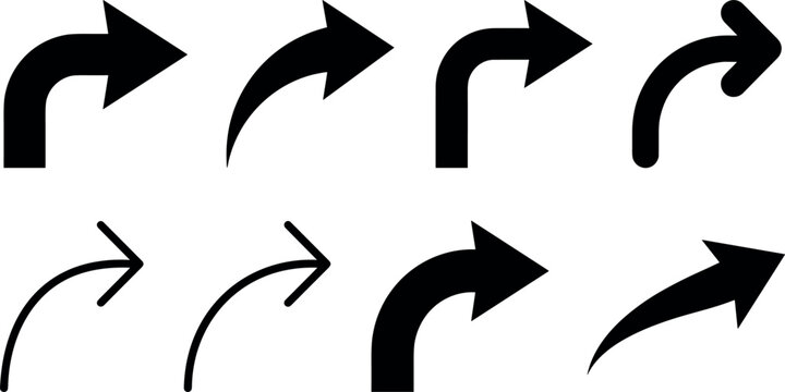 Black Curved Right Turn Arrows Vector Icon Set Showing Next Forward Redirection and Share Symbols for Website Interface Design and Digital App Navigation