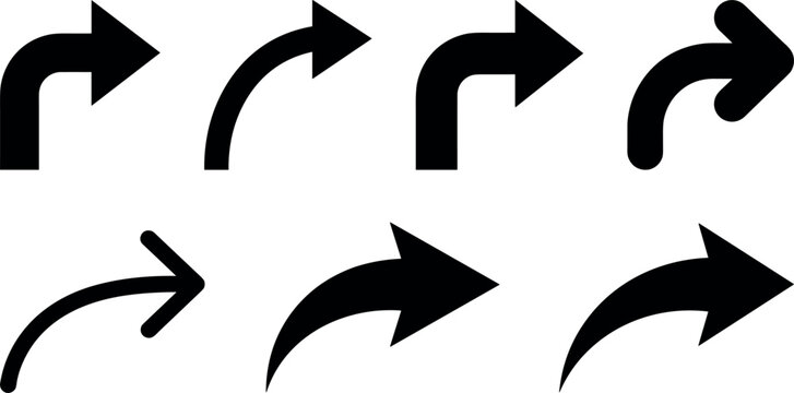 Black Curved Arrows Vector Icon Set Showing Right Turn Redirection Forward Next and Share Symbols for Website Interface Navigation Designs