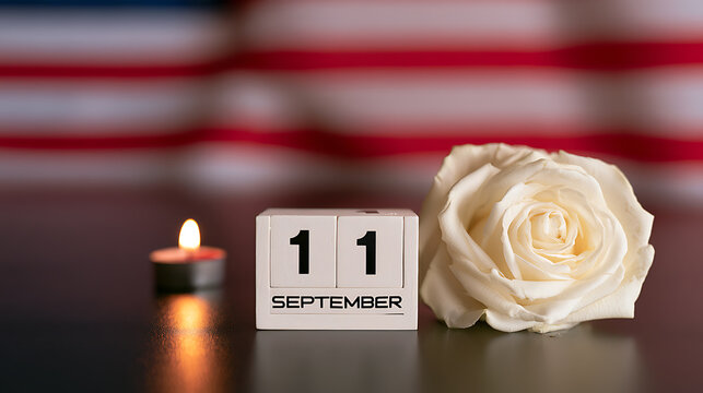 Patriotic memorial concept with wooden date block for september 11, white rose flower, lit candle and red flag background for remember