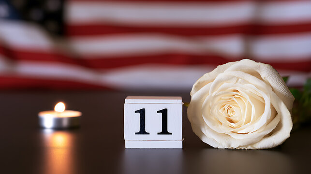 Veterans Day tribute with a white rose flower, a calendar block showing number eleven, a lit candle, and national flag background