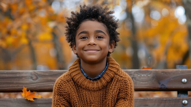 Smiling young child seated on a bench, dressed in warm clothing