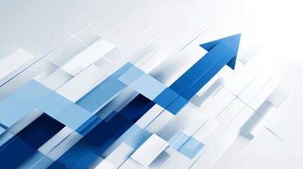 Fototapeta premium Abstract 3D blue and white arrows pointing upward in geometric overlapping layout symbolizing corporate strategy and business growth.