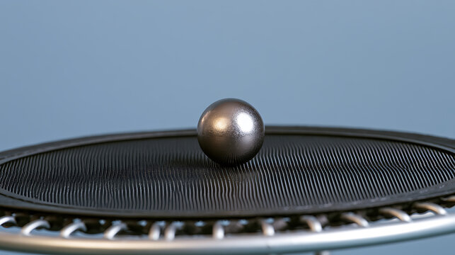 A sleek metal sphere rest upon a small black rebounder fitness trampoline against a neutral blue background in a clean minimalist studio