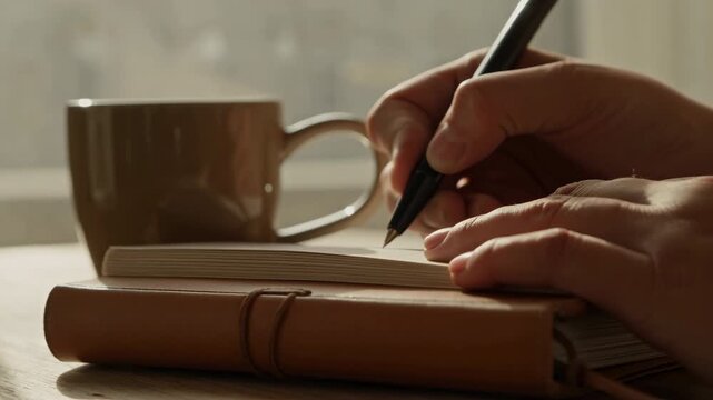 Hand writes notes on open notebook beside coffee cup on wooden desk with warm natural light, showing slow pen movement, calm workspace setting, and close-up composition for productivity themes