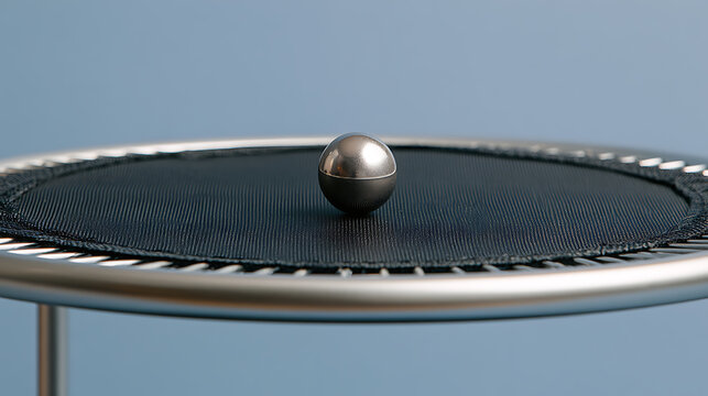A sleek metallic sphere rests on a taut black mini trampoline against a clean blue background symbolizing balance, tension, and stability