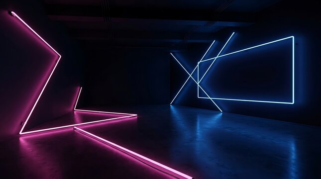 Dark room interior with glowing pink and blue neon light tubes arranged in geometric lines and rectangular frames on walls and floor