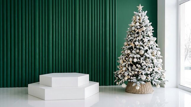White christmas tree decoration beside white podium on green wall background