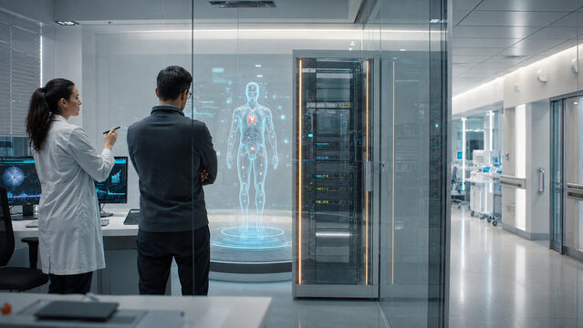 Medical researchers analyze a digital human hologram beside a server rack in a futuristic hospital lab, representing AI healthcare, diagnostics and biomedical data.