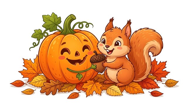 Cartoon squirrel holding an acorn next to a smiling jack-o'-lantern pumpkin, surrounded by colorful autumn maple and oak leaves on white