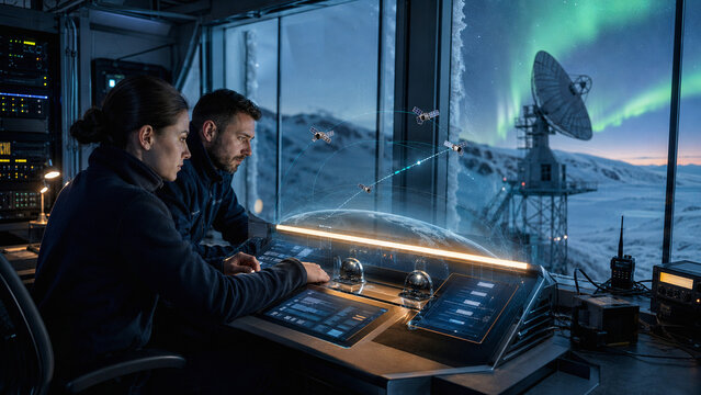 Researchers monitor satellite communications and orbital data from a remote Arctic control station with a radio telescope under the northern lights.