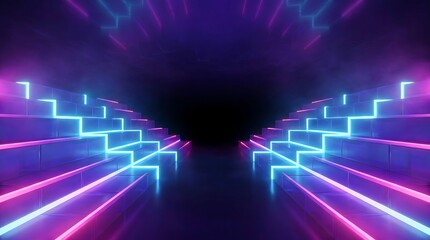 Naklejka premium Glowing neon blue and pink staircase, abstract geometric tunnel with light strips and dark reflective floor in a futuristic digital space