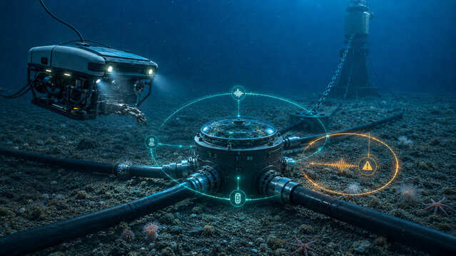 Autonomous underwater robot inspects a subsea monitoring hub and communication cables, representing ocean technology, marine robotics and smart infrastructure.