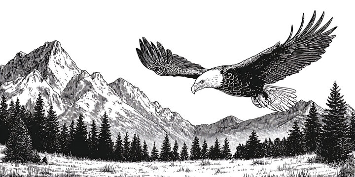 Bald eagle in flight over mountainous landscape detailed engraving style illustration bird