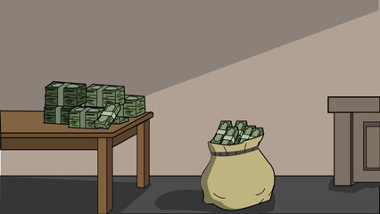 Extensive piles of bundled currency on a wooden table and inside a burlap sack in a dimly lit room illustration © Prostockers