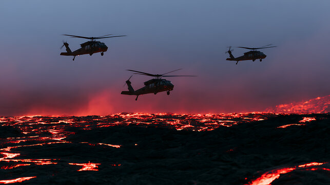 Three military helicopters fly in formation over an active volcano with glowing molten lava at dusk, creating a dramatic and tense scene