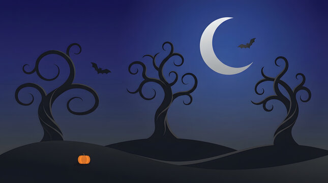 Halloween ghostly night scene with spooky twisted trees. Spook, dark illustrations of creepy branches on a hill with a crescent moon, bats, and a glowing jack lantern web vector design isolated