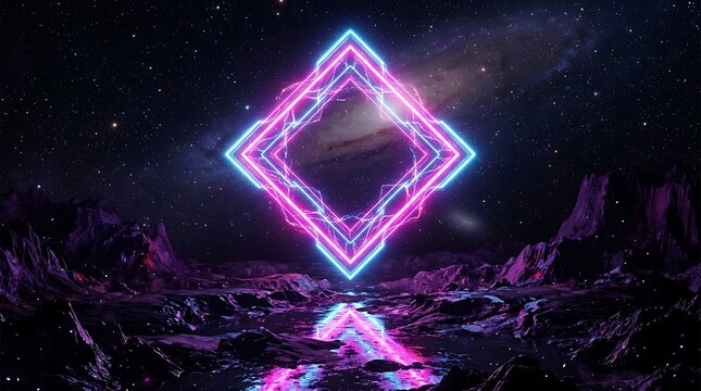 Glowing neon diamond frame floating above a dark, rocky alien planet landscape with a starry galaxy and nebula background, at night