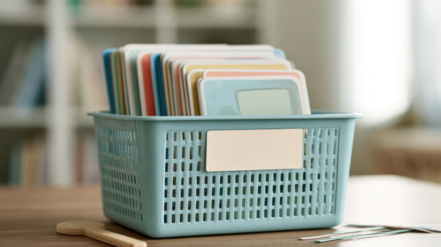 Pastel blue classroom book basket filled with early reader books and a blank front label, educational storage and organization mockup