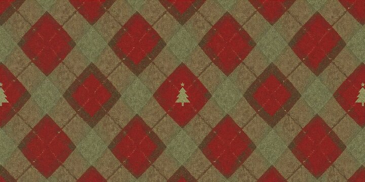 Traditional christmas plaid pattern with red and green textured diamonds and subtle tree icons