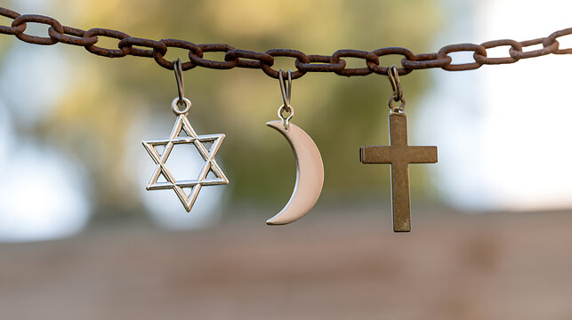 Religious symbols of Judaism, Islam, and Christianity hanging together on a rusty metal chain, representing peace, faith, and unity