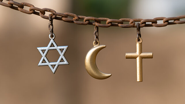 Religious symbols of Judaism, Islam, and Christianity hang together on a rusty metal chain, representing unity, tolerance, and peace