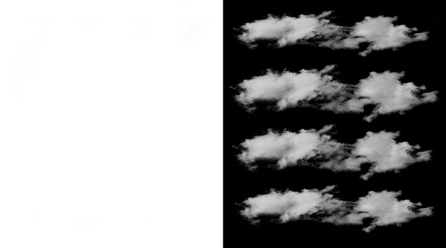 Realistic white cloud set on black background, fluffy atmospheric vapor elements, isolated smoke textures for digital compositing