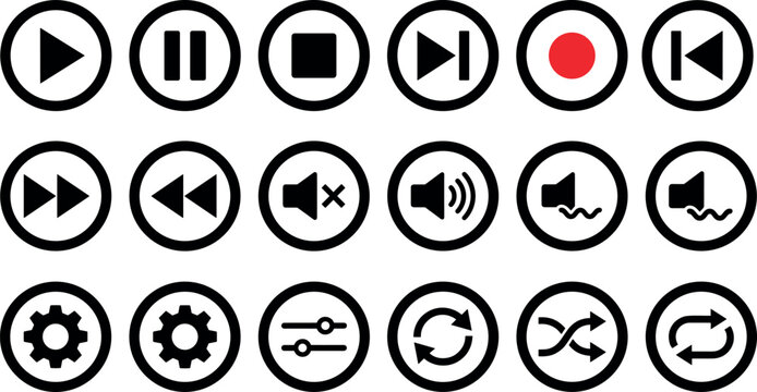 Media player control button icon set featuring round borders for play pause stop record fast forward volume and settings user interface