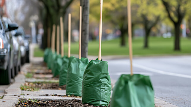 Row of young saplings with green irrigation watering bags and support stakes installed along city street sidewalk curb for urban forestry project