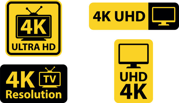 Modern four K ultra high definition resolution television monitor label set vector illustration featuring yellow and black sticker icons