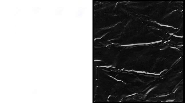 Crumpled black plastic texture, wrinkled dark cellophane wrap background, glossy abstract foil surface for overlay and packaging design