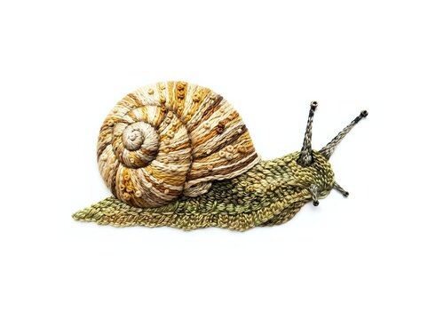 Garden snail with spiral shell and extended body on white background