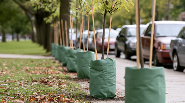 Row of young sapling trees supported by wooden stakes and secured in green bags lining a city sidewalk near parked cars during autumn day