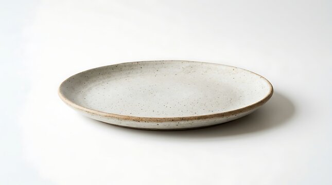 Empty ceramic plate with speckled texture isolated on white background