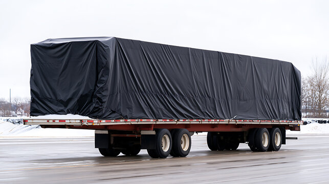 A large commercial flatbed semi trailer securely covered with a heavy black protective tarp for safe transport of cargo on a highway route