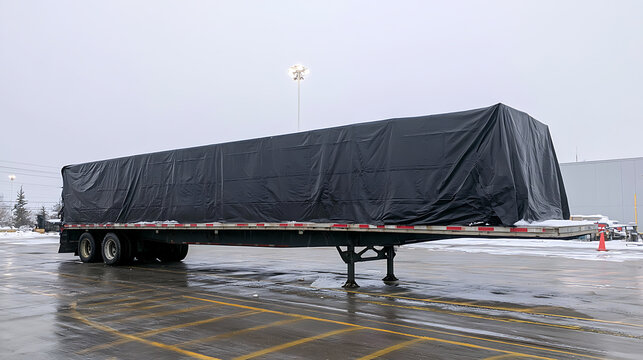 A large flatbed semi trailer with cargo covered by a black protective tarp parked in an industrial freight yard during cold winter day