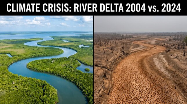 River Delta Transformation Lush 2004 Vs Arid Climate Crisis 2024