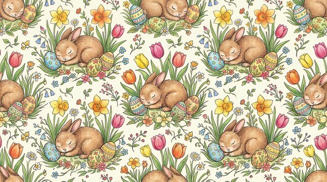 Hand Drawn Seamless Spring Holiday Pattern Featuring Sleeping Rabbit Decorated Egg Tulips and Daffodils Floral Decor easter pattern seamless bunny rabbit sleeping egg tulip daffodil flower floral