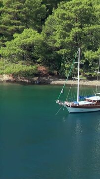 A serene sailboat gently floats on the tranquil turquoise waters of the Aegean Sea. Lush green trees line the peaceful bay near Babadag Mountain in Fethiye Oludeniz Turkey. A perfect day.